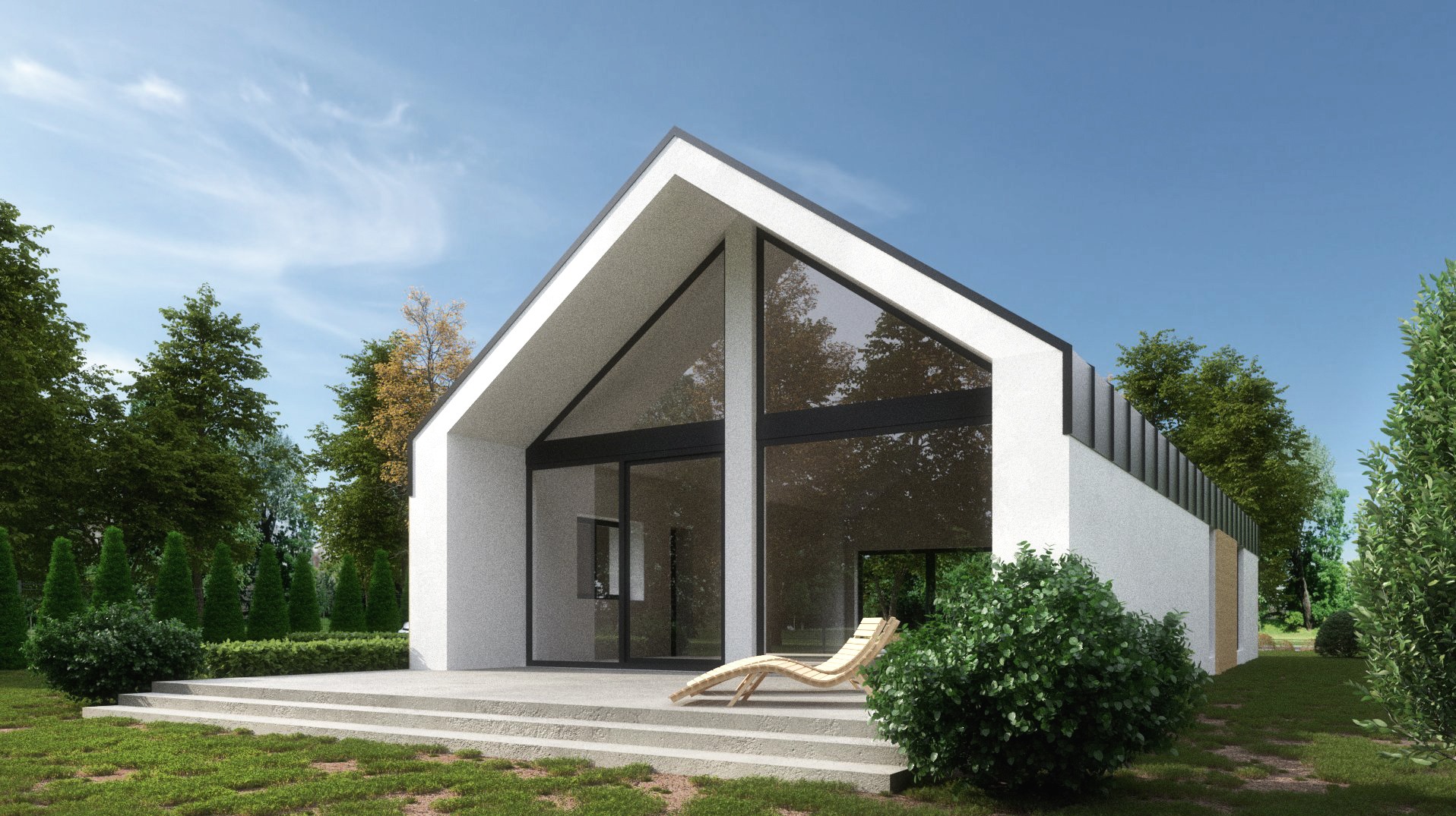 Nowoczesny dom z dużymi przeszkleniami i tarasem, otoczony zielenią. Minimalistyczna architektura z białymi ścianami i czarnymi ramami okiennymi. Leżak na tarasie.