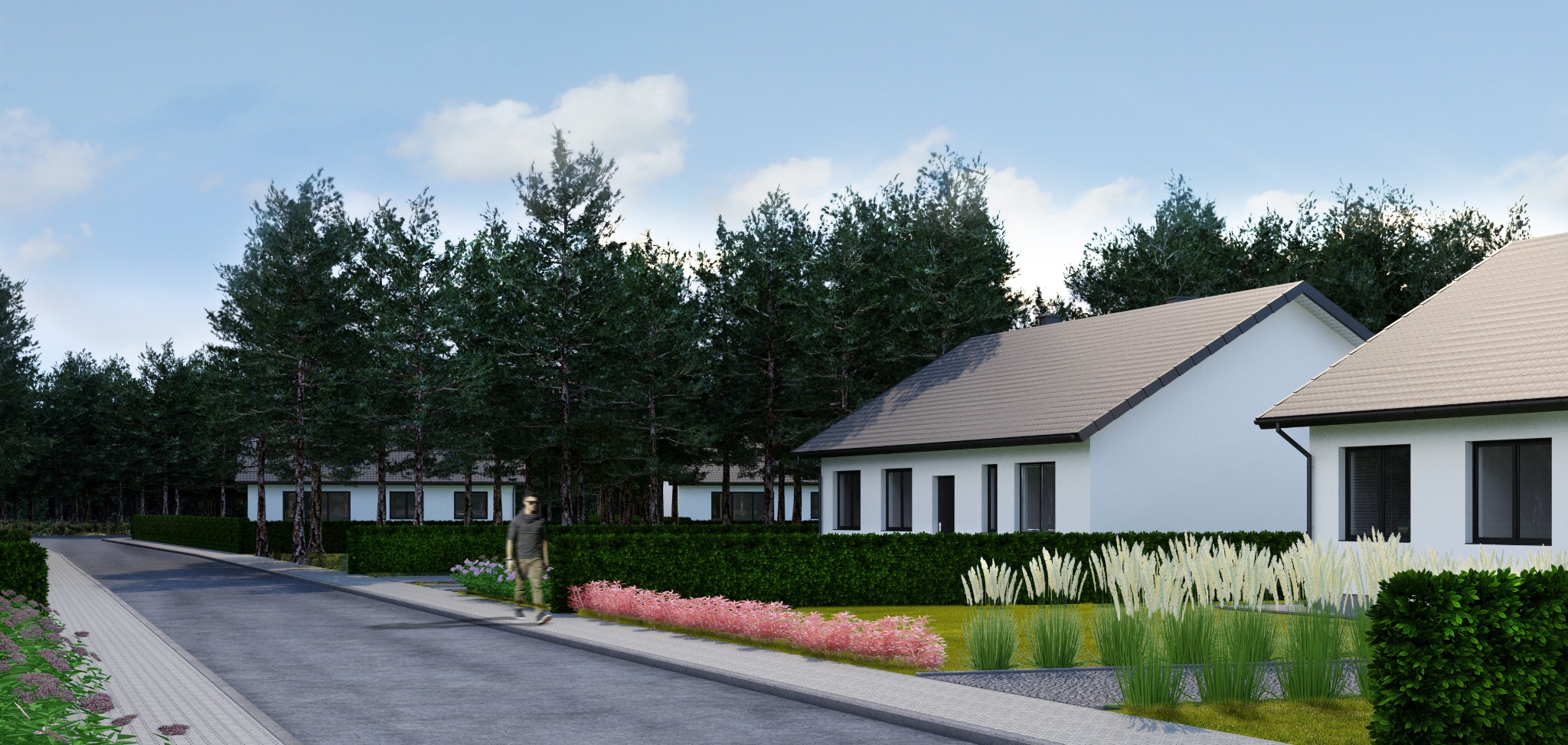 Wizualizacja osiedla domów jednorodzinnych z białymi elewacjami i szarymi dachami, otoczonych zielenią. Na pierwszym planie chodnik i ulica, w tle wysokie drzewa.