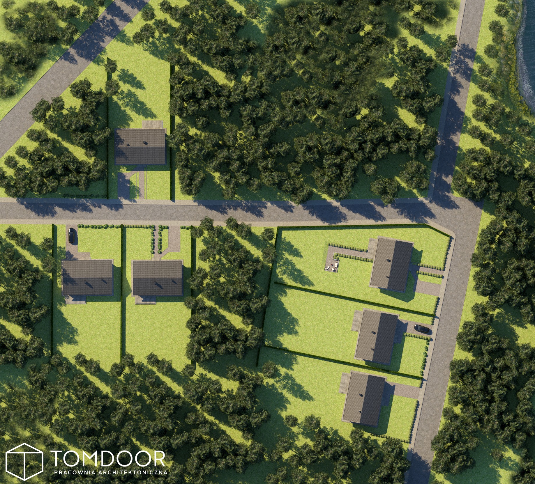 Wizualizacja z lotu ptaka osiedla domów jednorodzinnych z ogrodami, otoczonego zielenią i drogami dojazdowymi. W tle widoczne jezioro. Logo pracowni architektonicznej w rogu.