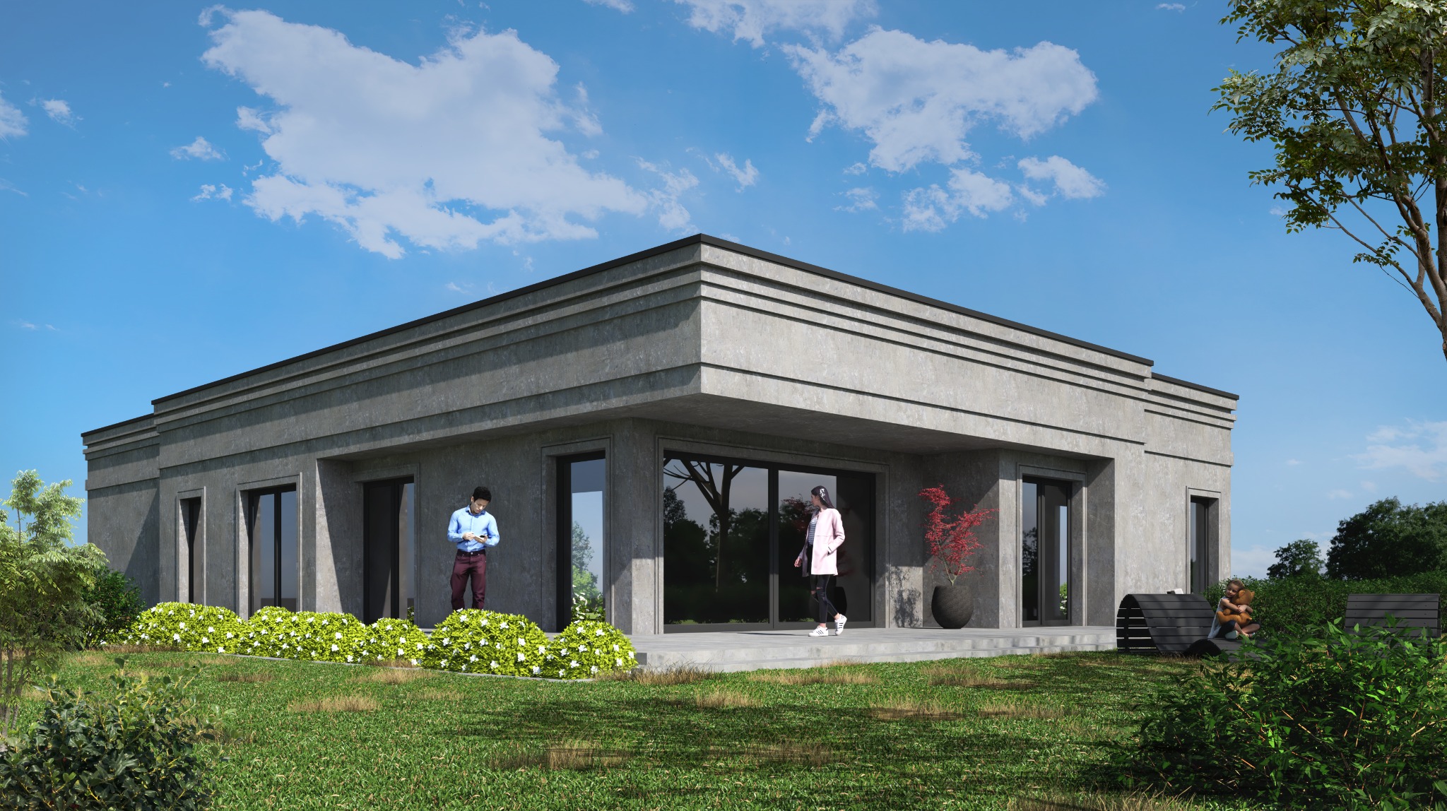 Nowoczesny, parterowy dom z betonu architektonicznego, z dużymi przeszkleniami i płaskim dachem. Na tarasie siedzi dziecko z pluszakiem. Minimalistyczny design.