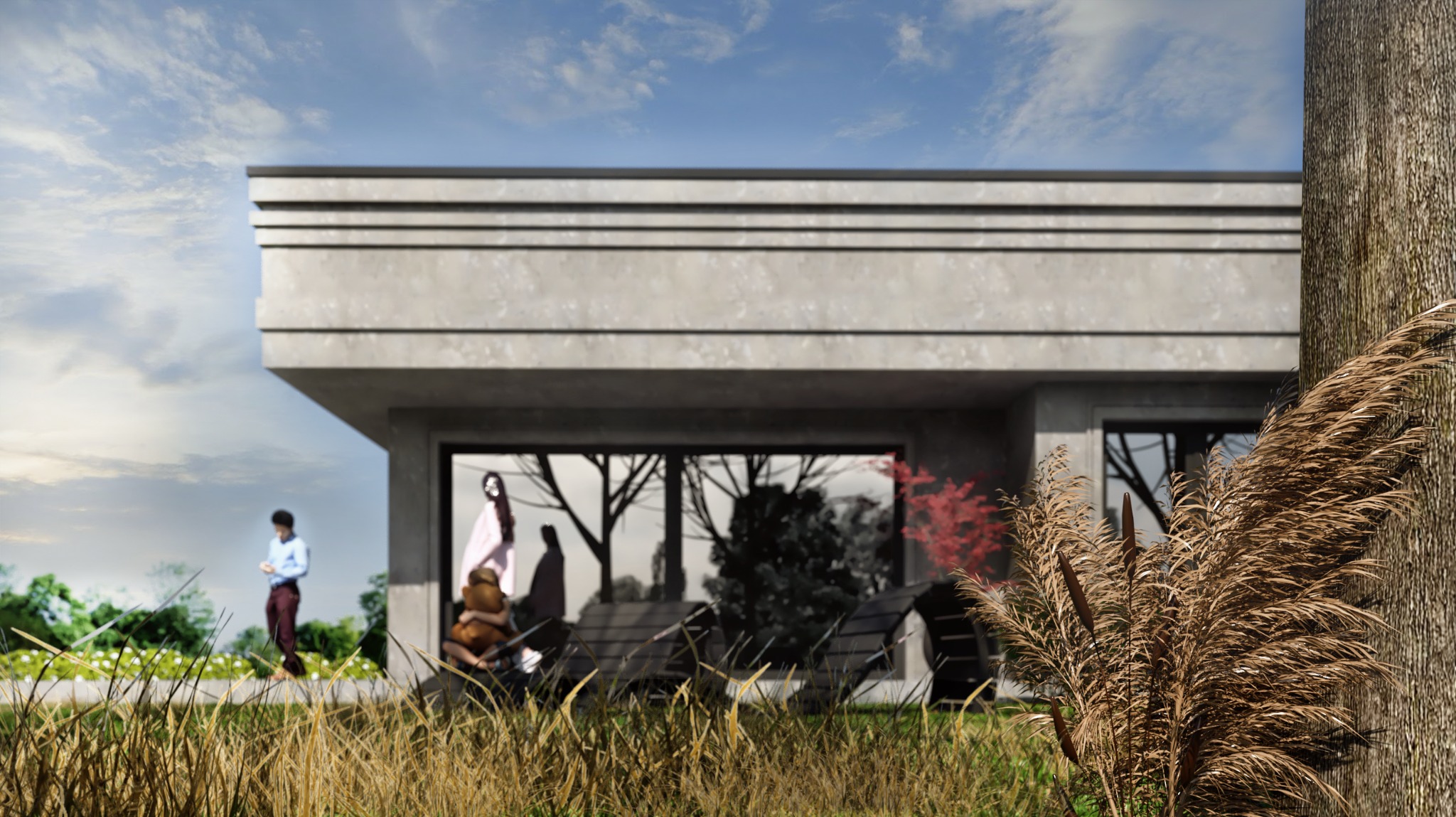 Nowoczesny dom z betonu architektonicznego, widok z zewnątrz, zieleń w pierwszym planie. Minimalistyczna bryła, duże okna, postacie w tle. Architektura w stylu współczesnym.