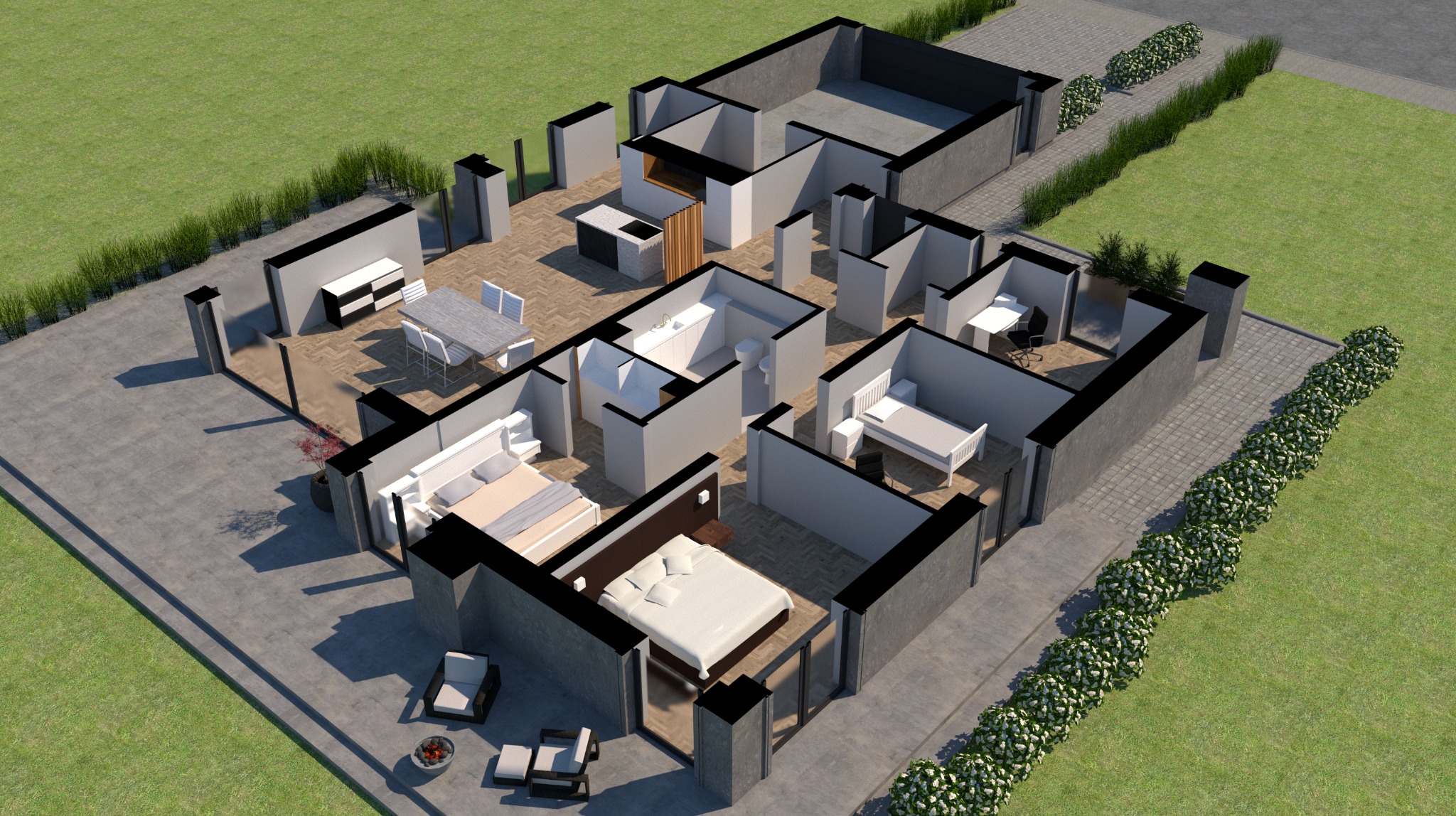 Rzut 3D domu jednorodzinnego z widocznym układem pomieszczeń, wyposażeniem i otoczeniem. Prezentacja projektu architektonicznego z góry, ukazująca rozkład funkcjonalny budynku.