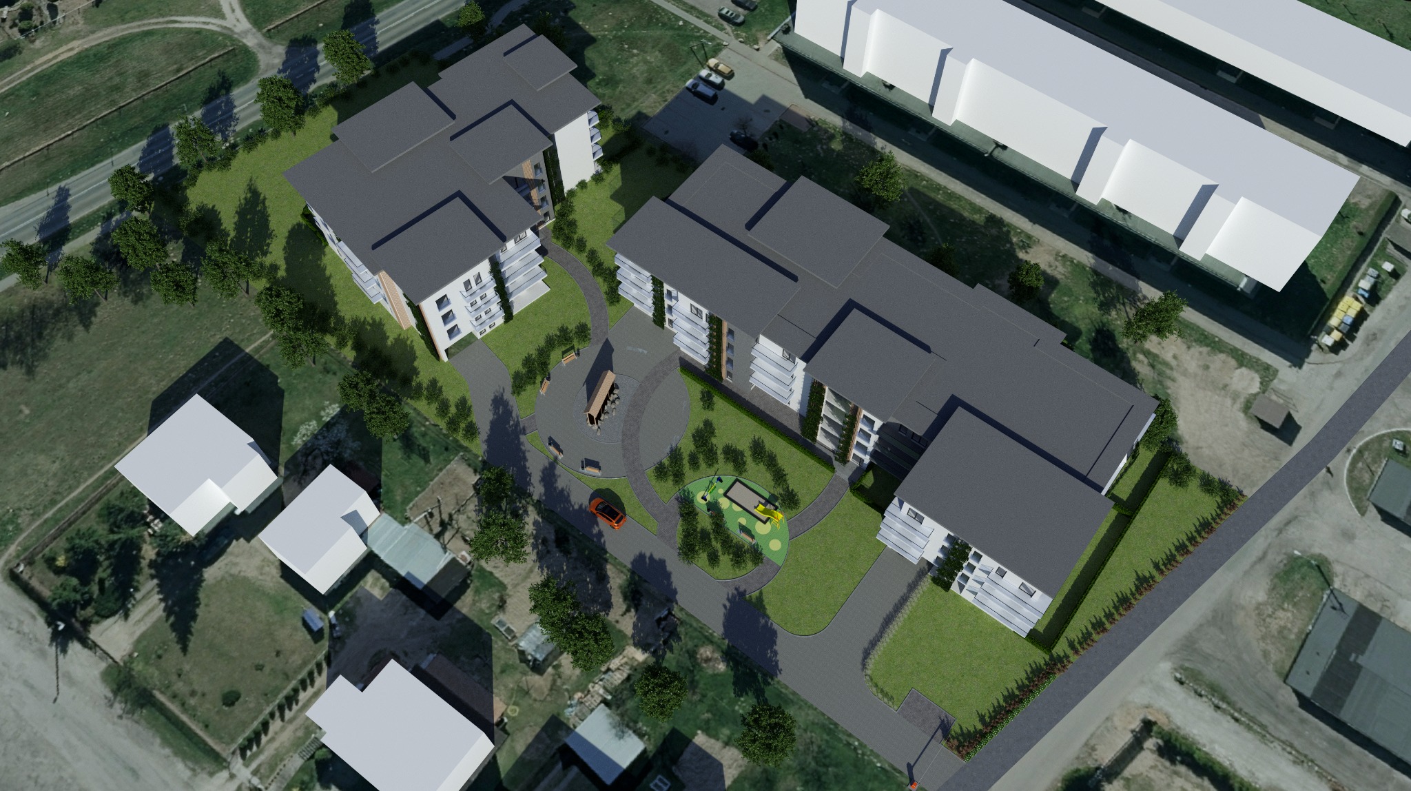 Wizualizacja osiedla z budynkami wielorodzinnymi, placem zabaw i zielenią, widziana z lotu ptaka. Szara kolorystyka dachów i jasne elewacje budynków.