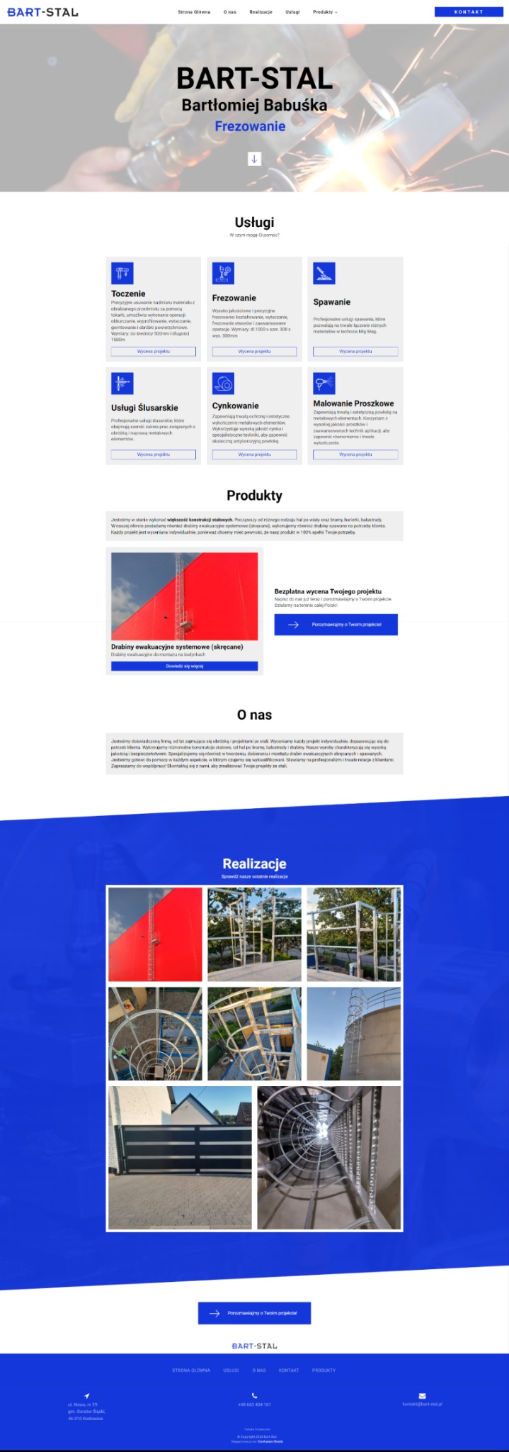 Zrzut ekranu strony internetowej firmy Bart-Stal, prezentujący ofertę usług i produktów, w tym toczone elementy, frezowanie, spawanie, usługi ślusarskie, cynkowanie i malowanie proszkowe, a także...