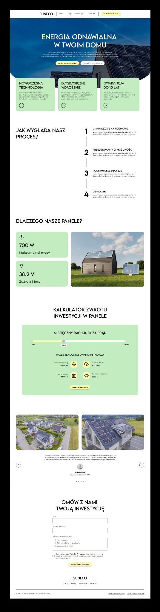 Projekt strony internetowej firmy zajmującej się instalacją paneli słonecznych, prezentujący ofertę i kalkulator zwrotu z inwestycji.