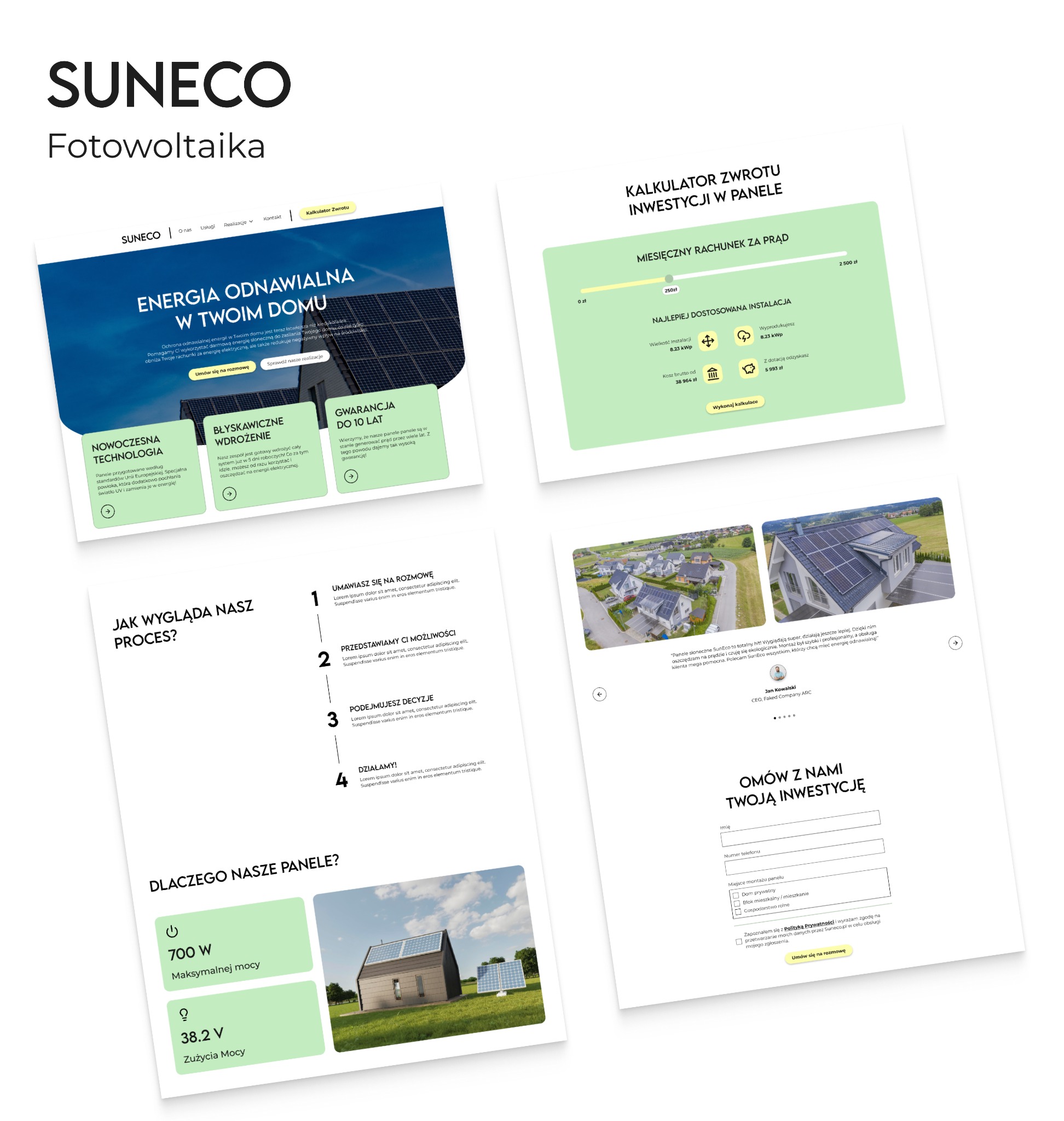 Zrzut ekranu strony internetowej firmy Suneco Fotowoltaika, prezentujący ofertę paneli słonecznych, kalkulator zwrotu inwestycji, proces instalacji i formularz kontaktowy.