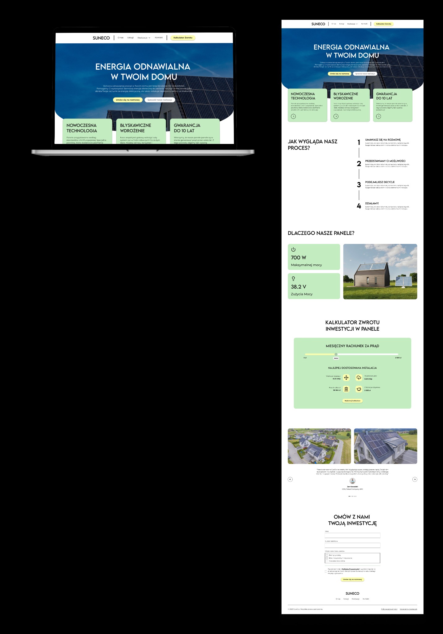 Strona internetowa firmy oferującej panele słoneczne, prezentowana na ekranie laptopa, z elementami interfejsu użytkownika i informacjami o energii odnawialnej.