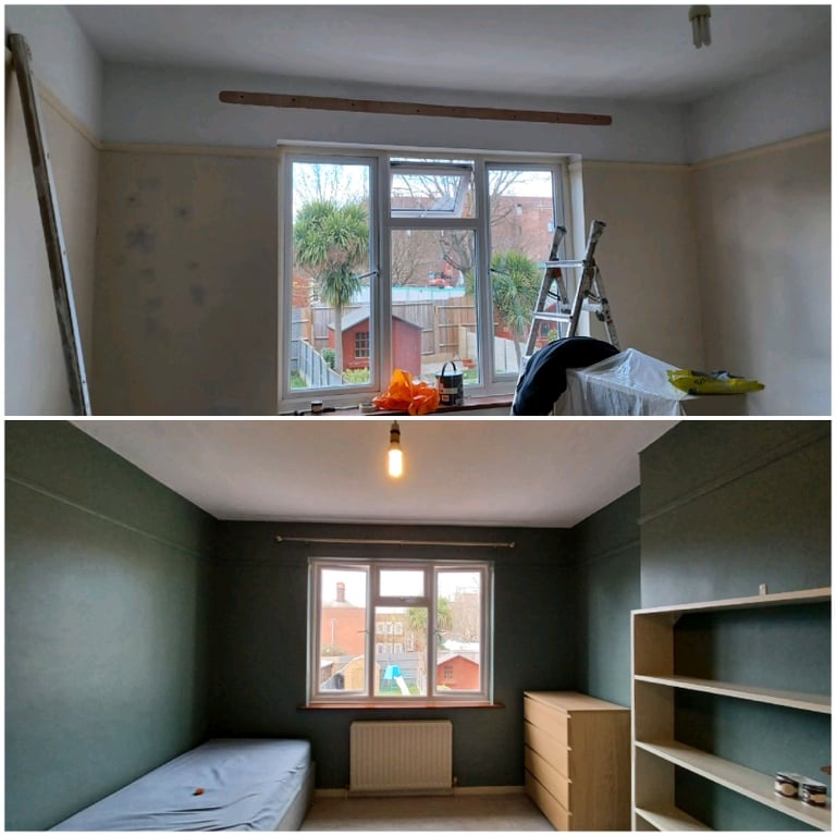 Zdjęcie przedstawia metamorfozę pokoju: górna część ukazuje pomieszczenie przed odświeżeniem - ściany z plamami, drabina oparta o ścianę, okno z widokiem na ogród. Dolna część pokazuje pokój po...