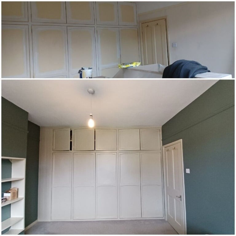 Dwuetapowe ujęcie malowania wnękowej szafy w pokoju: górne zdjęcie ukazuje etap gruntowania i szpachlowania, dolne zdjęcie pokazuje gotową szafę w jasnym odcieniu z pomalowanymi na zielono ścianami.