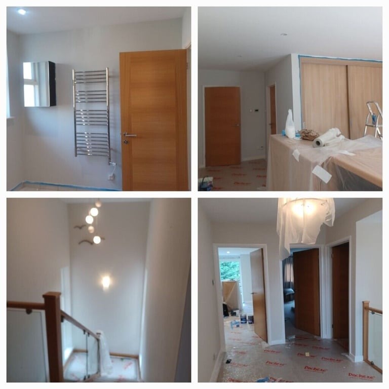 Cztery kadry z odnowionego wnętrza: łazienka z grzejnikiem i lustrem, salon z zasłoniętymi meblami, klatka schodowa z nowoczesnym oświetleniem oraz korytarz z zabezpieczoną podłogą i otwartymi...