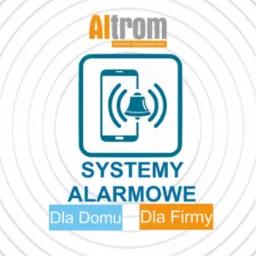 Logo firmy Altrom prezentujące systemy alarmowe dla domu i firmy, z ikoną dzwonka w telefonie na białym tle z szarymi koncentrycznymi okręgami.