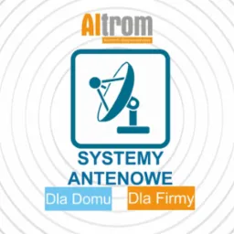 Logo firmy Altrom z symbolem anteny satelitarnej w niebieskim kwadracie, hasłem 'Komfort i Bezpieczeństwo' oraz napisami 'Systemy antenowe Dla Domu Dla Firmy'.