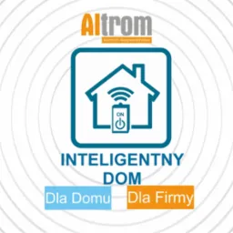 Grafika wektorowa przedstawiająca logo firmy Altrom z motywem inteligentnego domu, symbolizującym dom z anteną Wi-Fi i ikoną włącznika, z napisami 'Inteligentny Dom', 'Dla Domu' i 'Dla Firmy'.