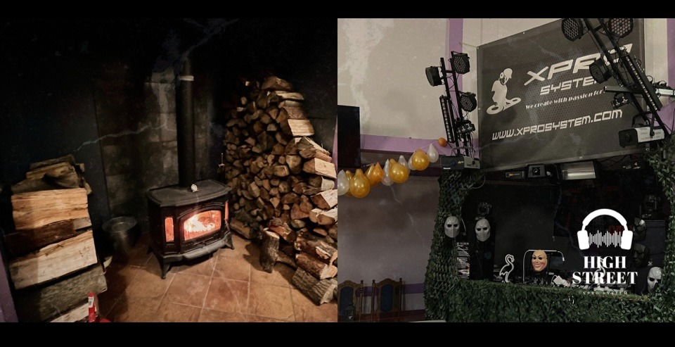 Klimatyczny kominek na drewno, oświetlnie dyskotekowe