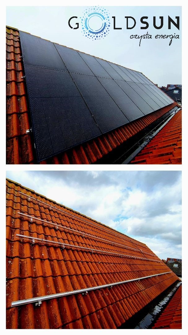 Częściowy widok dachu z zamontowanymi czarnymi panelami słonecznymi oraz widok dachu z zamontowanymi szynami montażowymi, logo firmy GoldSun w górnej części zdjęcia.