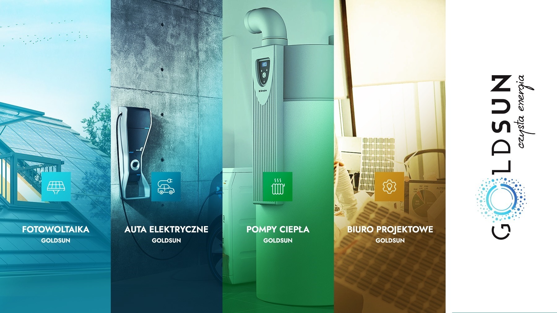 Kompozycja graficzna przedstawiająca instalację paneli słonecznych na dachu, stację ładowania pojazdów elektrycznych na betonowej ścianie, pompę ciepła w pomieszczeniu oraz biuro projektowe...