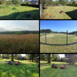 Kolaż zdjęć przedstawiających proces koszenia trawy: od zarośniętego terenu, przez częściowo skoszoną trawę, po równo przystrzyżony trawnik z widocznymi maszynami do koszenia.