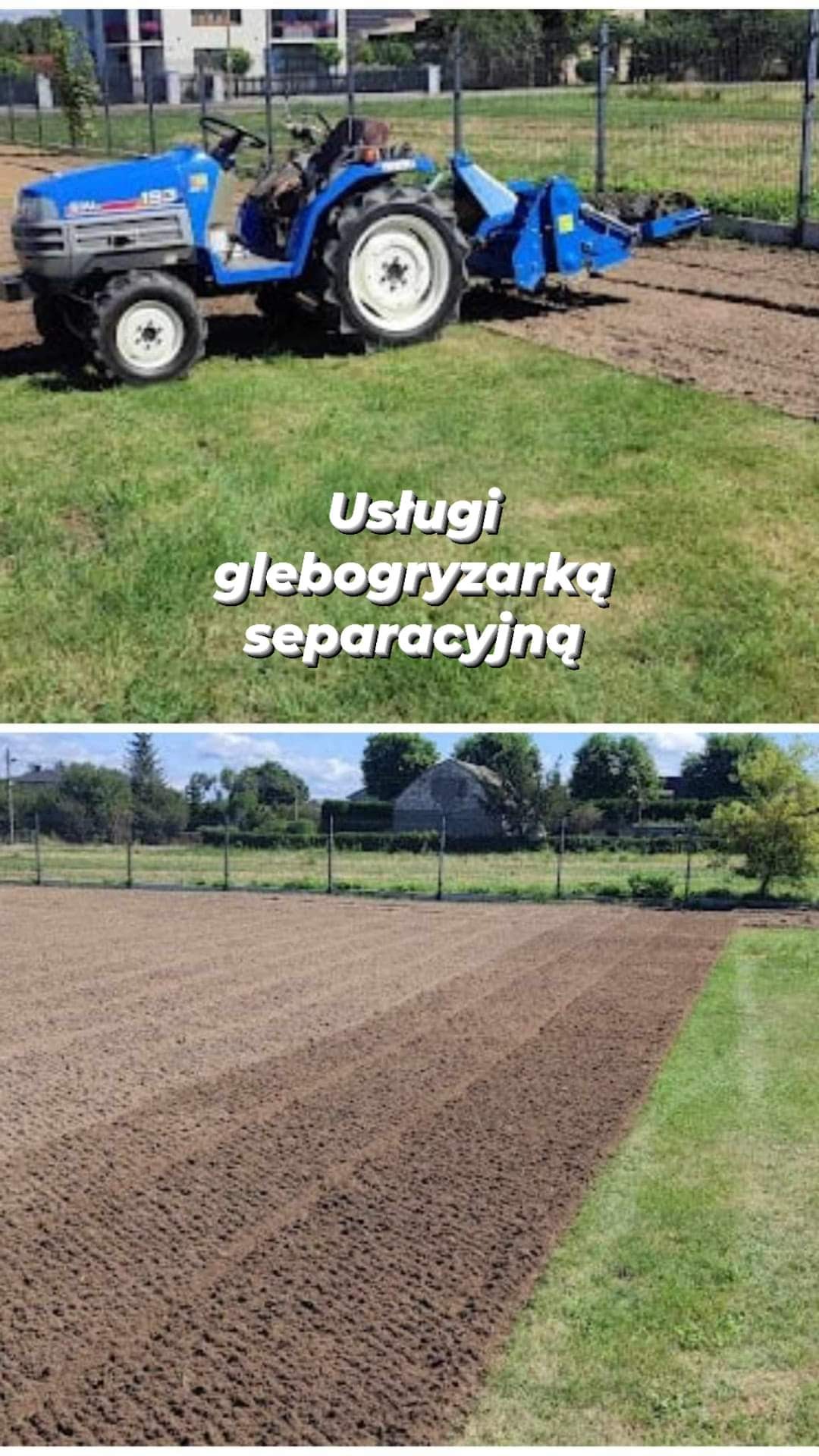 Niebieski traktor z glebogryzarką separacyjną przygotowuje ziemię pod uprawę na polu, widoczny efekt spulchnionej gleby i fragment trawnika w tle.