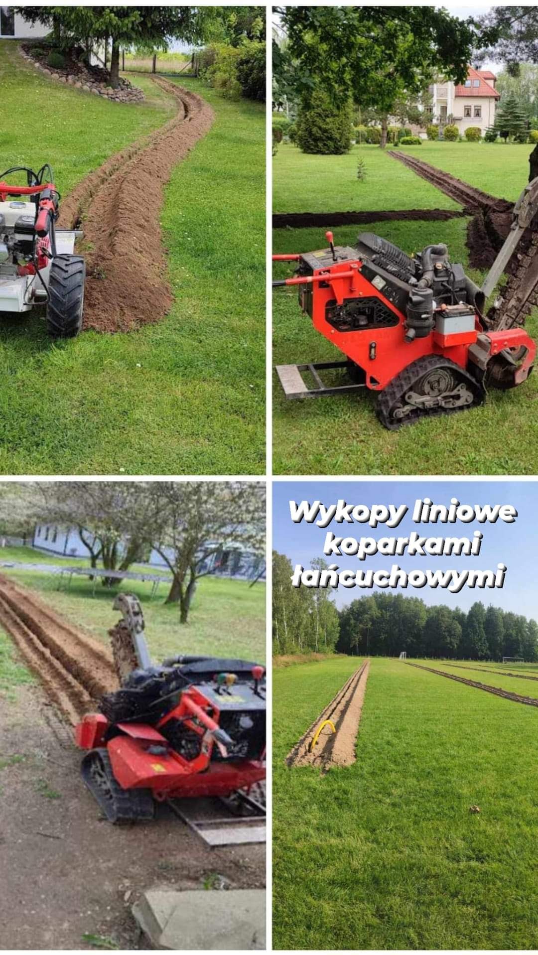 Mini koparka łańcuchowa wykonuje wąski wykop w trawniku. Na trawie widoczna świeżo wykopana bruzda. W tle dom i drzewa.