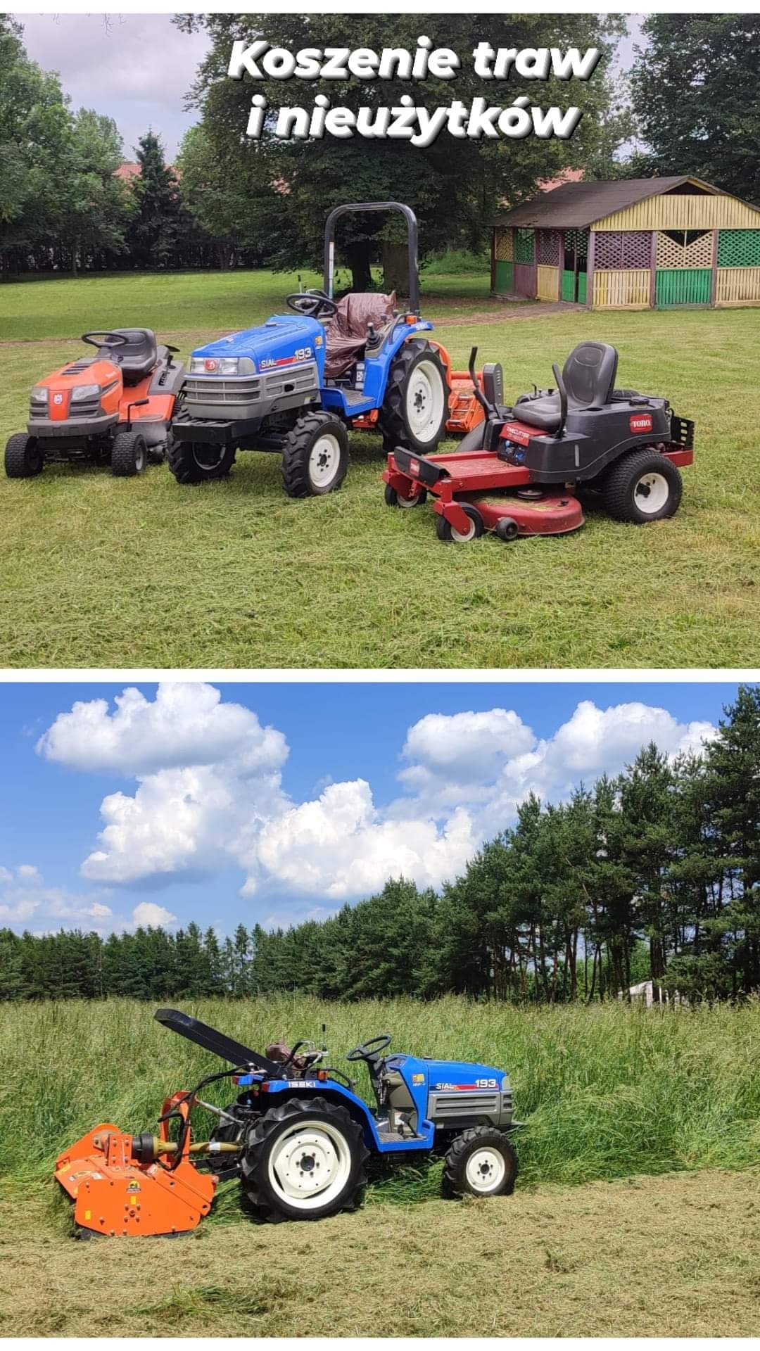 Różne typy kosiarek, w tym traktorek z kosiarką bijakową, na trawniku i w wysokiej trawie po koszeniu, w tle budynek.