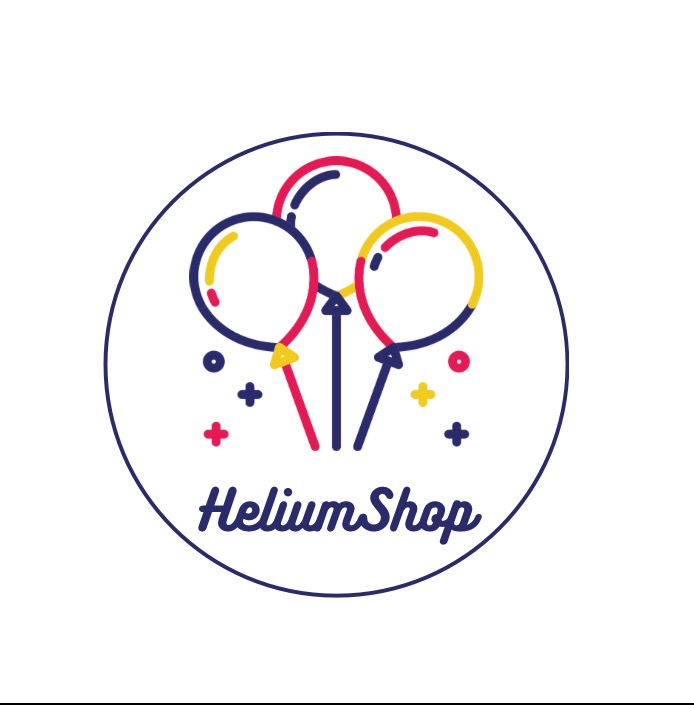 Minimalistyczne logo sklepu z balonami na białym tle, przedstawiające trzy balony w kolorach czerwonym, żółtym i granatowym, z napisem 'HeliumShop' poniżej.