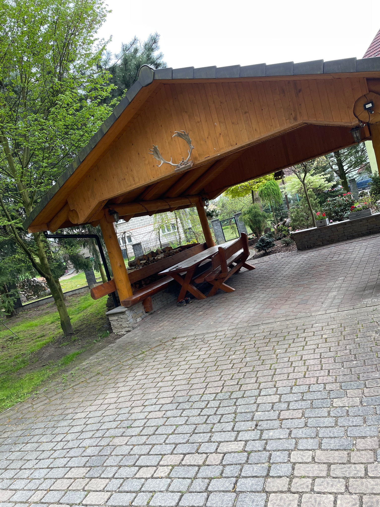 Drewniana altana z ławami i stołem w Porąbce, zdobiona porożem jelenia, na wybrukowanym podłożu, otoczona zielenią.