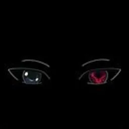 Stylizowane oczy na czarnym tle: jedno niebieskie z odbiciem światła, drugie czerwone z wzorem w źrenicy.