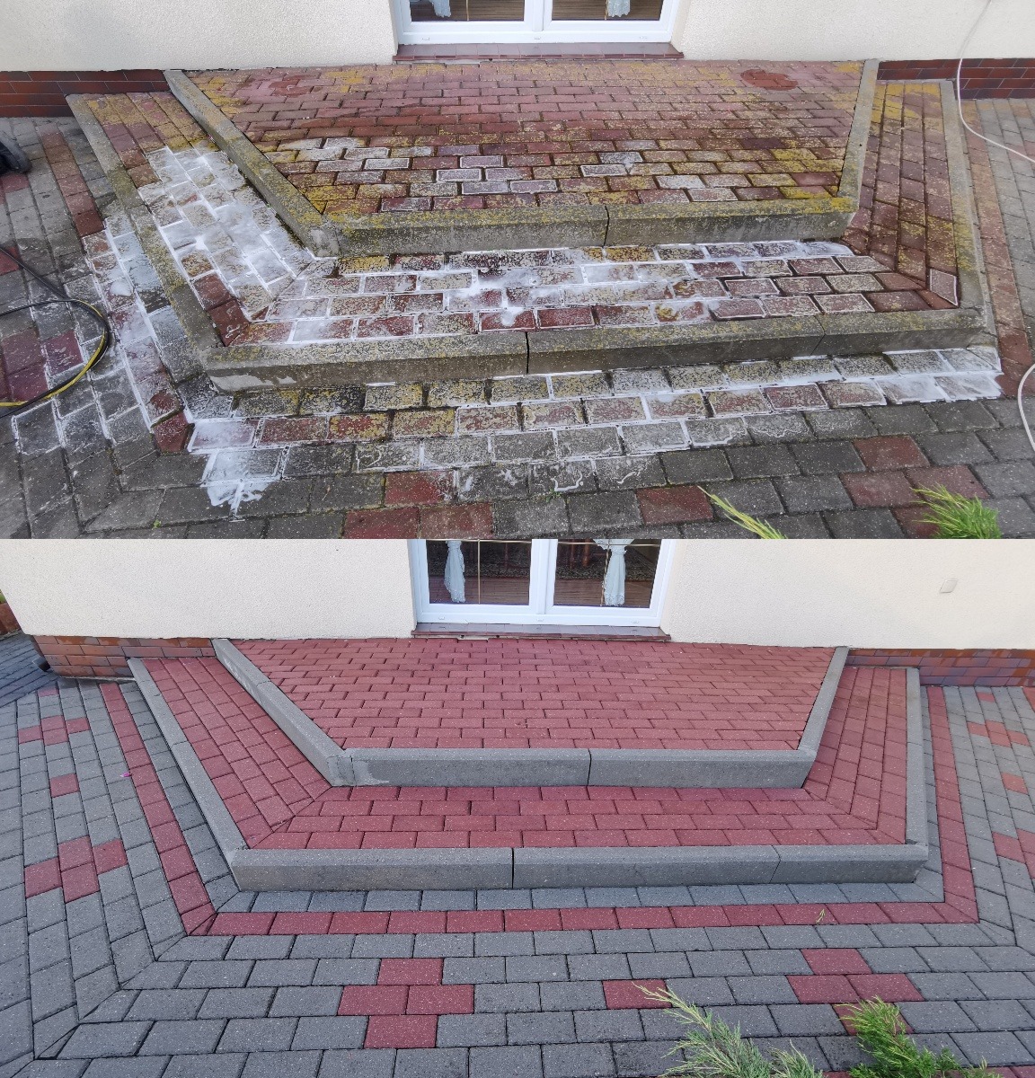 Dwa ujęcia schodów wejściowych z kostki brukowej: górne przed czyszczeniem z widoczną pianą i zabrudzeniami, dolne po czyszczeniu, ukazujące odnowioną kolorystykę kostki.