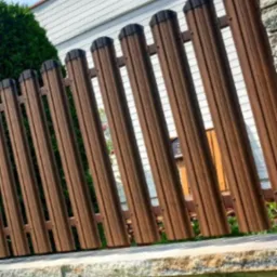 Nowoczesne, brązowe ogrodzenie panelowe z metalowych profili, zamontowane na kamiennej podmurówce, z widocznym fragmentem białej elewacji domu w tle.