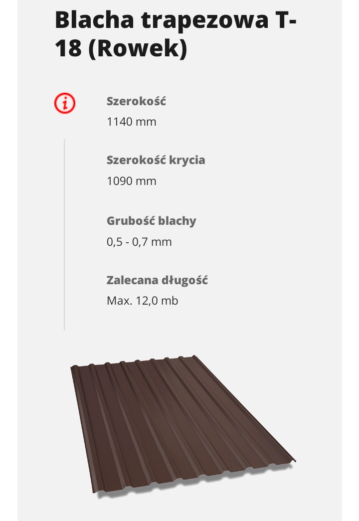 Brązowa blacha trapezowa T-18 z rowkiem, prezentacja produktu z informacjami o szerokości, szerokości krycia, grubości blachy i zalecanej długości.
