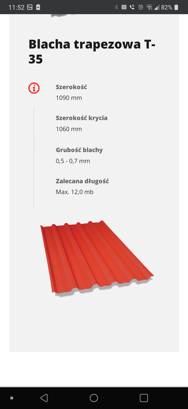 Grafika reklamowa blachy trapezowej T-35 z informacjami o szerokości, szerokości krycia, grubości i zalecanej długości.