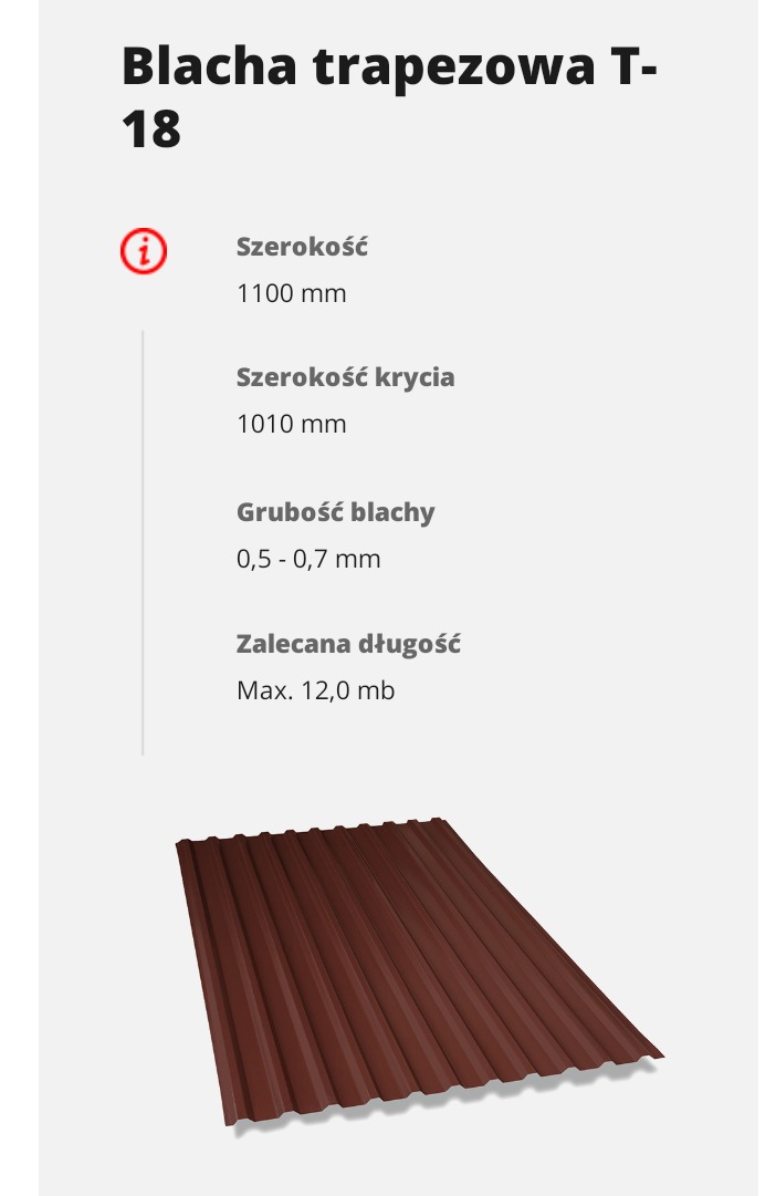 Brązowa blacha trapezowa T-18 z informacjami o szerokości, grubości i zalecanej długości.
