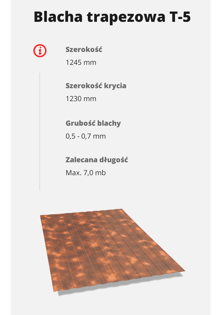 Grafika informacyjna prezentująca parametry blachy trapezowej T-5, w tym szerokość, szerokość krycia, grubość i zalecaną długość, z wizualizacją produktu w dolnej części.