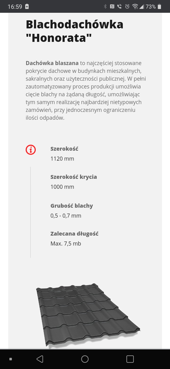 Grafika prezentuje blachodachówkę 'Honorata' w kolorze grafitowym, ukazując jej profil i strukturę. Widoczny fragment specyfikacji technicznej produktu, w tym szerokość, grubość blachy i zalecana...