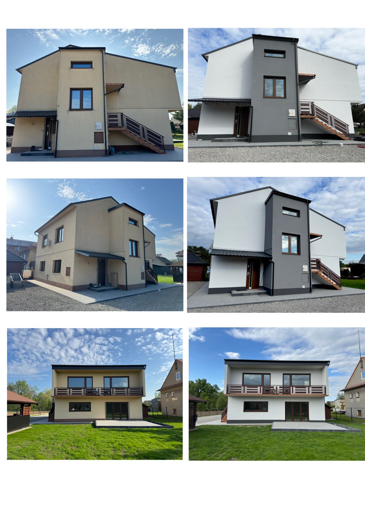 Zestawienie elewacji domu przed i po malowaniu: odcień beżowy i szary, z odnowioną opaską cokołową, schody zewnętrzne z drewnianymi barierkami.