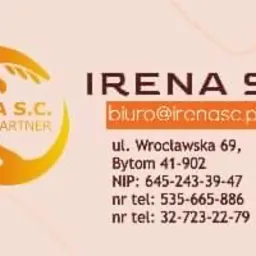 Projekt wizytówki z gradientowym logo w kształcie dłoni, zawierającej dane kontaktowe firmy Irena S.C. na jasnoróżowym tle.