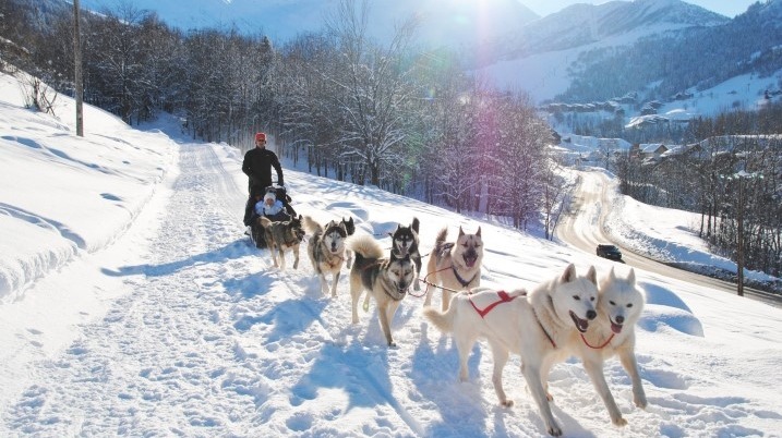 Zaprzęg psów husky ciągnie sanie z dwójką pasażerów po ośnieżonej trasie w górach, widoczny mężczyzna w czarnej kurtce i czerwonej czapce prowadzący zaprzęg, w tle zaśnieżone drzewa i zabudowania.