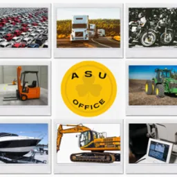 Kolaż zdjęć w stylu polaroid przedstawiający: parking pełen samochodów, białe ciężarówki na drodze, motocykle zaparkowane obok siebie, pomarańczowy wózek widłowy w magazynie, okrągłe logo ASU...