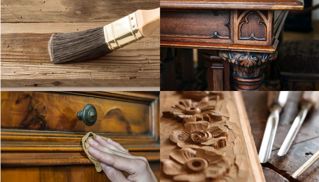 Kompozycja czterech ujęć: pędzel do drewna na surowym drewnie, fragment rzeźbionego stołu z kolumną, czyszczenie drewnianej szafki z mosiężnym uchwytem, rzeźbione kwiaty w drewnie obok dłut.