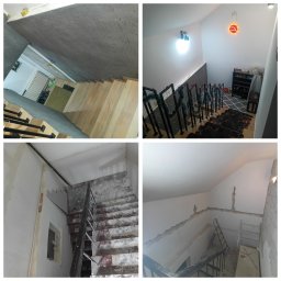 TOMDOM Profesjonalne Usługi Wykończeniowe - Kolaż zdjęć schodów: wykończone drewniane stopnie, czarne balustrady z dekoracjami świątecznymi oraz surowy stan przed remontem z widocznymi instalacjami.