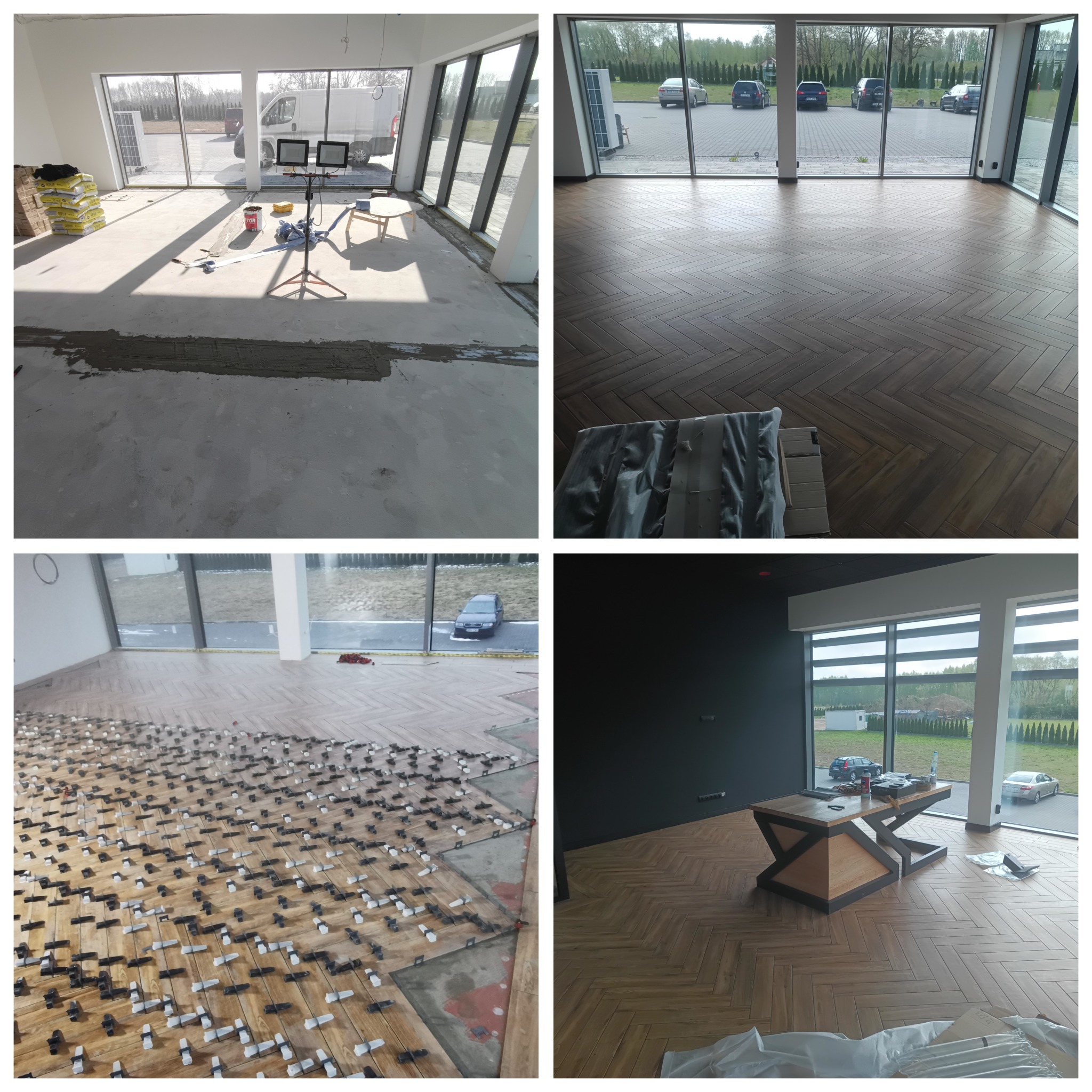 Układanie parkietu w jodełkę: etapy od wylewki, przez montaż, po gotową podłogę w przestronnym wnętrzu z dużymi oknami. Widoczne narzędzia i materiały.