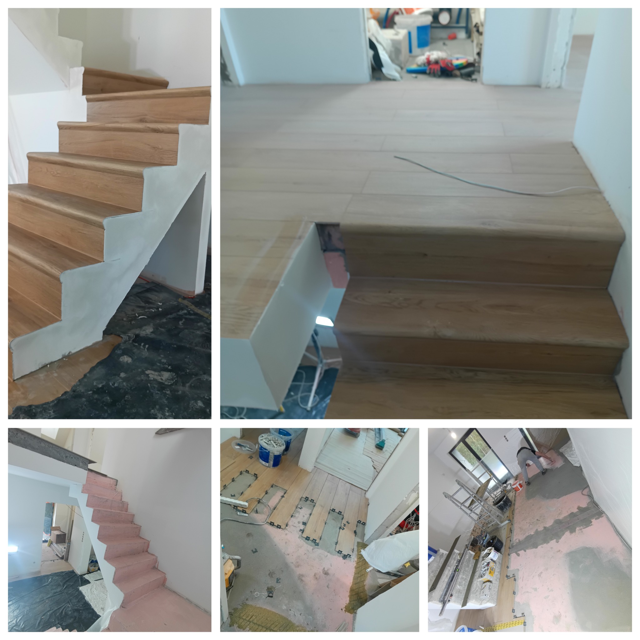 Układanie drewnianych paneli podłogowych i schodów w Bartoszycach. Widoczne etapy prac wykończeniowych, narzędzia i materiały budowlane. Jasne drewno i białe ściany.