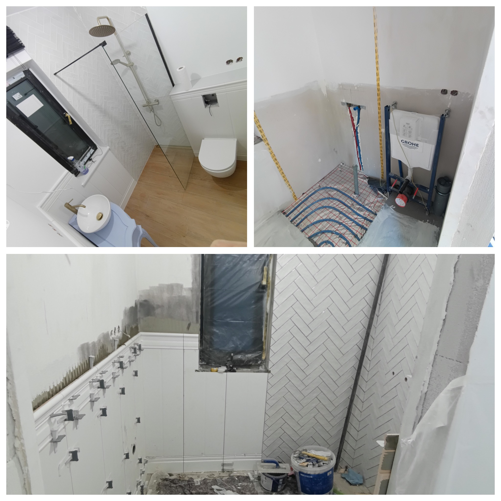 Remont łazienki w trakcie: ułożone płytki w jodełkę, instalacja ogrzewania podłogowego, montaż toalety podwieszanej. Widoczne narzędzia i materiały budowlane.