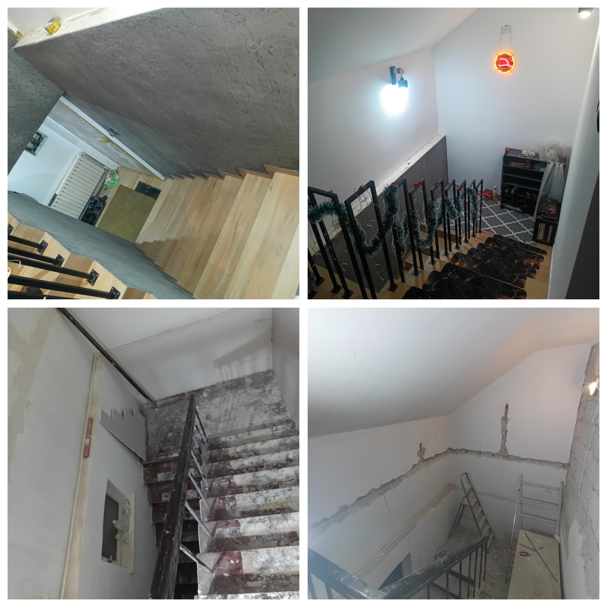 Kolaż zdjęć schodów: wykończone drewniane stopnie, czarne balustrady z dekoracjami świątecznymi oraz surowy stan przed remontem z widocznymi instalacjami.