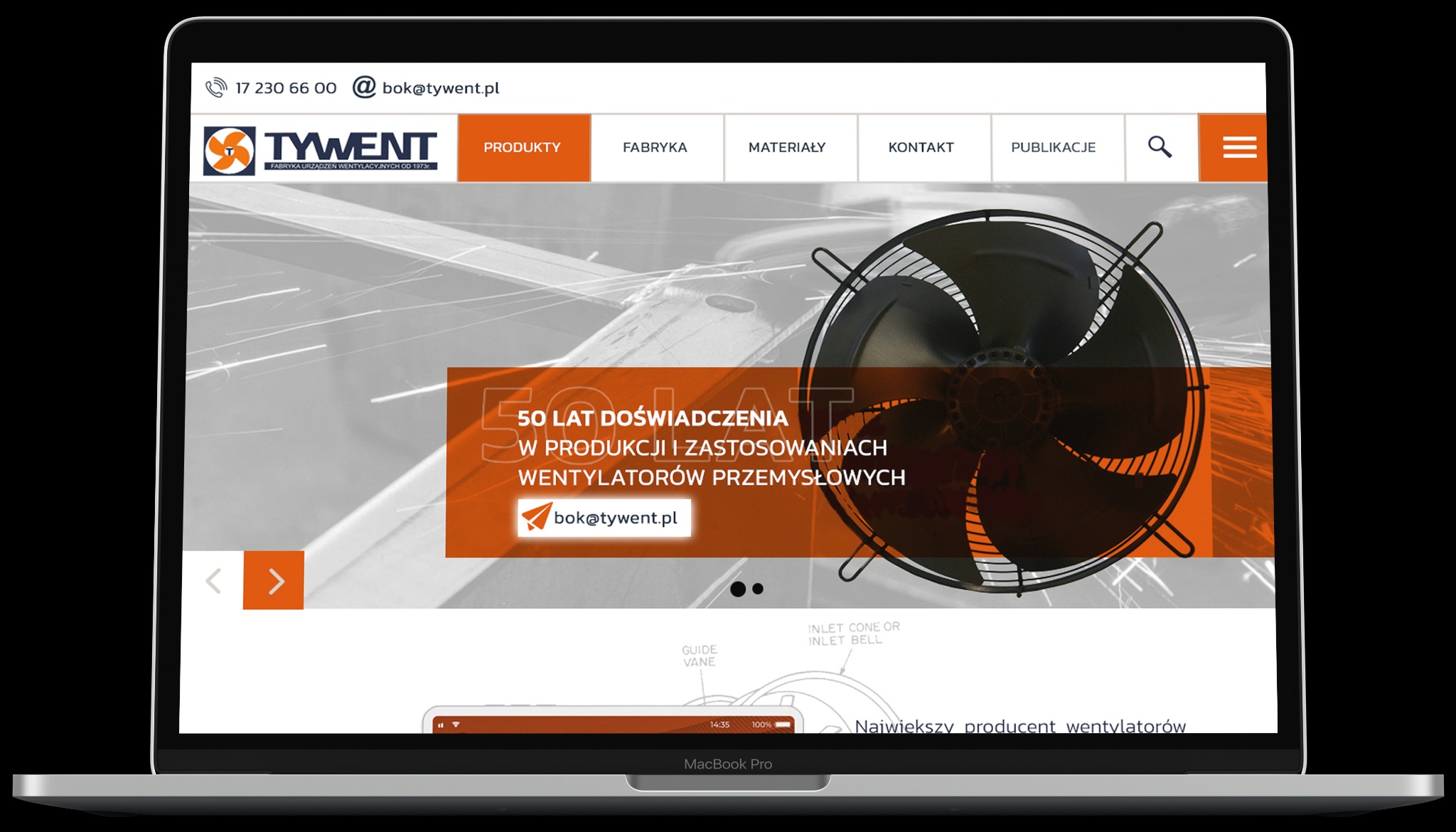 Strona internetowa firmy Tywent, producenta wentylatorów przemysłowych, wyświetlona na ekranie laptopa MacBook Pro. Widoczny numer telefonu, adres e-mail, logo firmy oraz menu nawigacyjne strony.