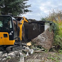 Usługi minikoparka - Żółta mini koparka gąsienicowa w trakcie pracy przy rozbiórce małego, zarośniętego budynku; operator w kabinie, gruz i zieleń wokół.