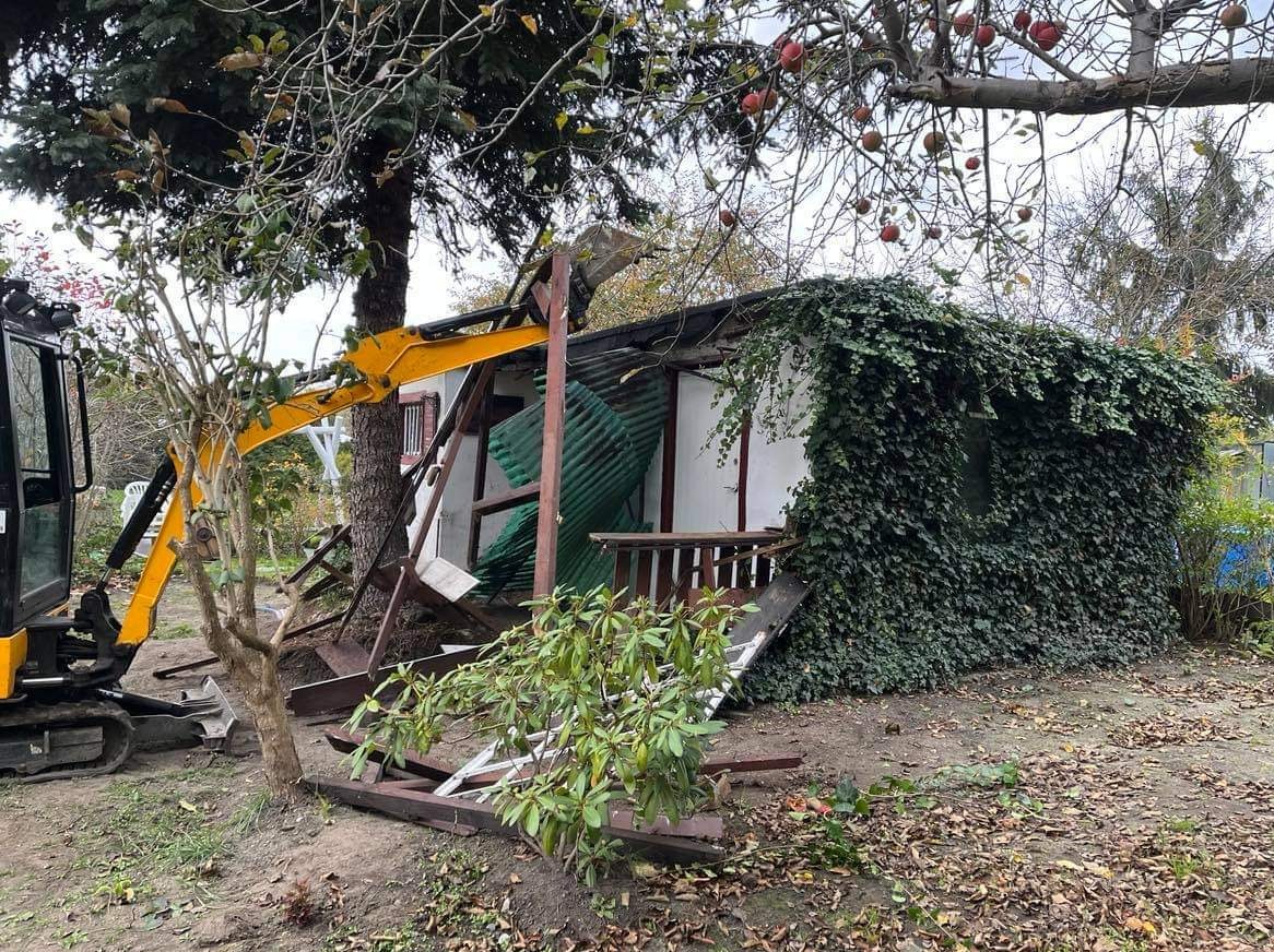 Mini koparka z żółtym ramieniem uszkadza mały, biały budynek z dachem z blachy falistej, porośnięty bluszczem i z drewnianą balustradą, na tle drzew z jabłkami.