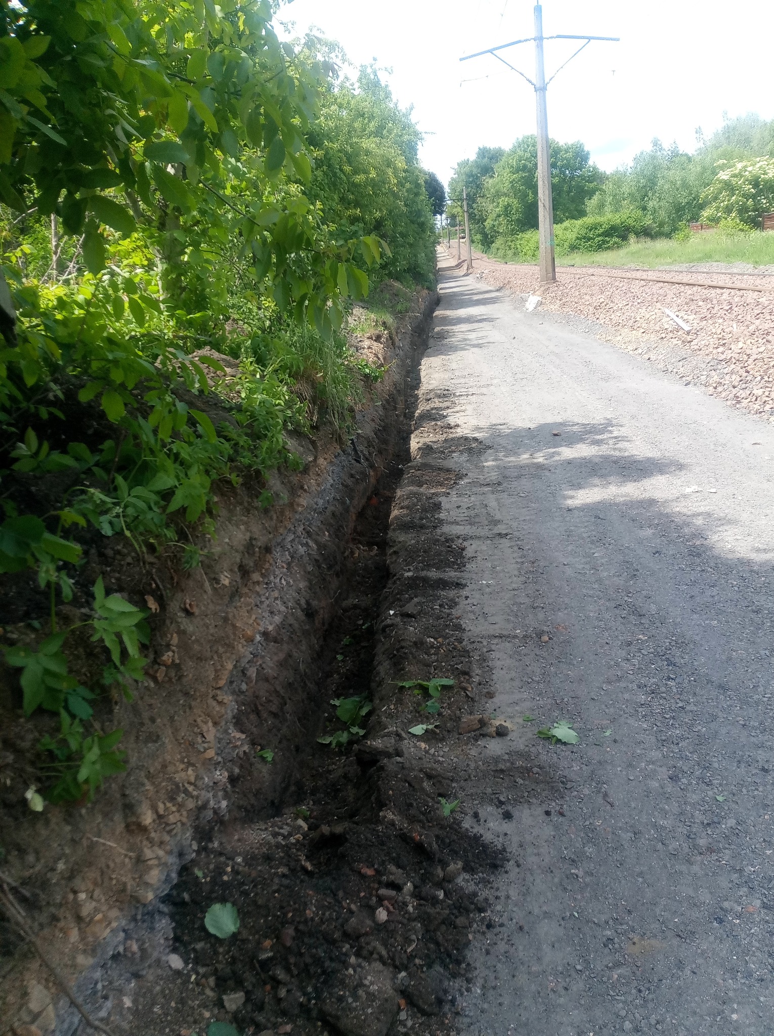 Wykopany wąski rów wzdłuż drogi szutrowej, obok torów kolejowych, z zielenią po lewej stronie i słupami energetycznymi w oddali.
