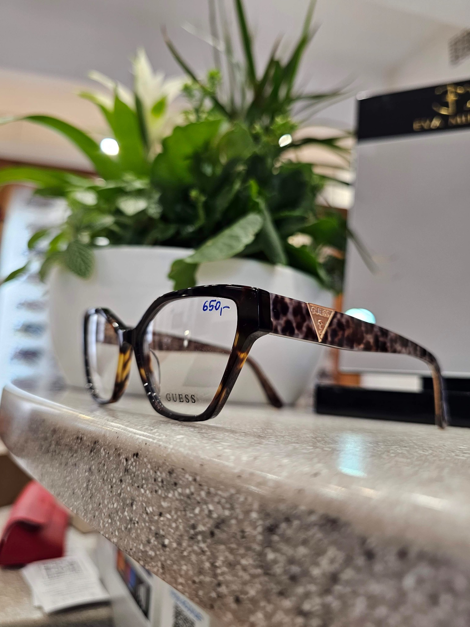 Okulary marki Guess z cętkowanymi zausznikami i ceną 650 zł, ustawione na blacie z rośliną w tle.