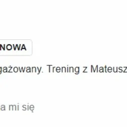 Zrzut ekranu opinii klienta Katarzyny Dębińskiej, oceniającej na pięć gwiazdek trening z Mateuszem jako rzetelny, odpowiedzialny, zaangażowany, ciężką pracę i przyjemność.